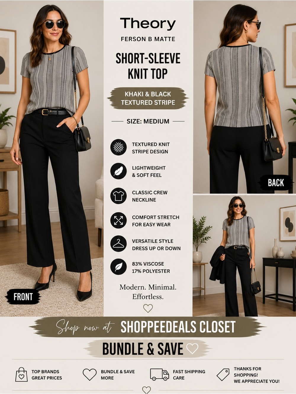 Theory Ferson B Matte Short-Sleeve Knit Top – Khaki & Black Textured Stripe